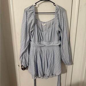 Light Blue Textured Long Sleeve Romper